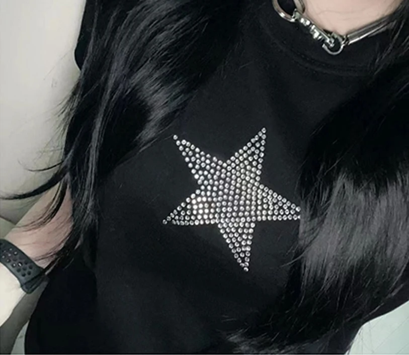 

2023 эстетичная Звезда Стразы летняя футболка Harajuku Топ E-girl Графический гранж черный короткий топ детская футболка готика Y2K