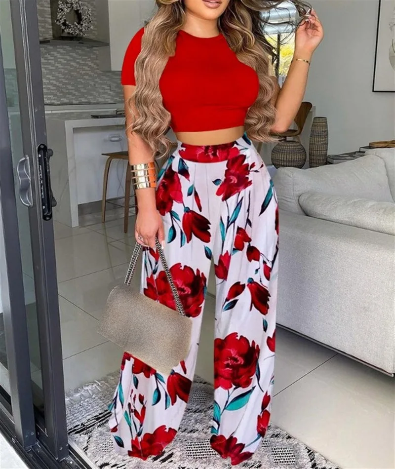 

2023 Summer Elegant Women Solid Casual Fitness Tracksuit Set Outfits Short Sleeve Crop Tops Trouser Flare Pants 2 Two Piece Set