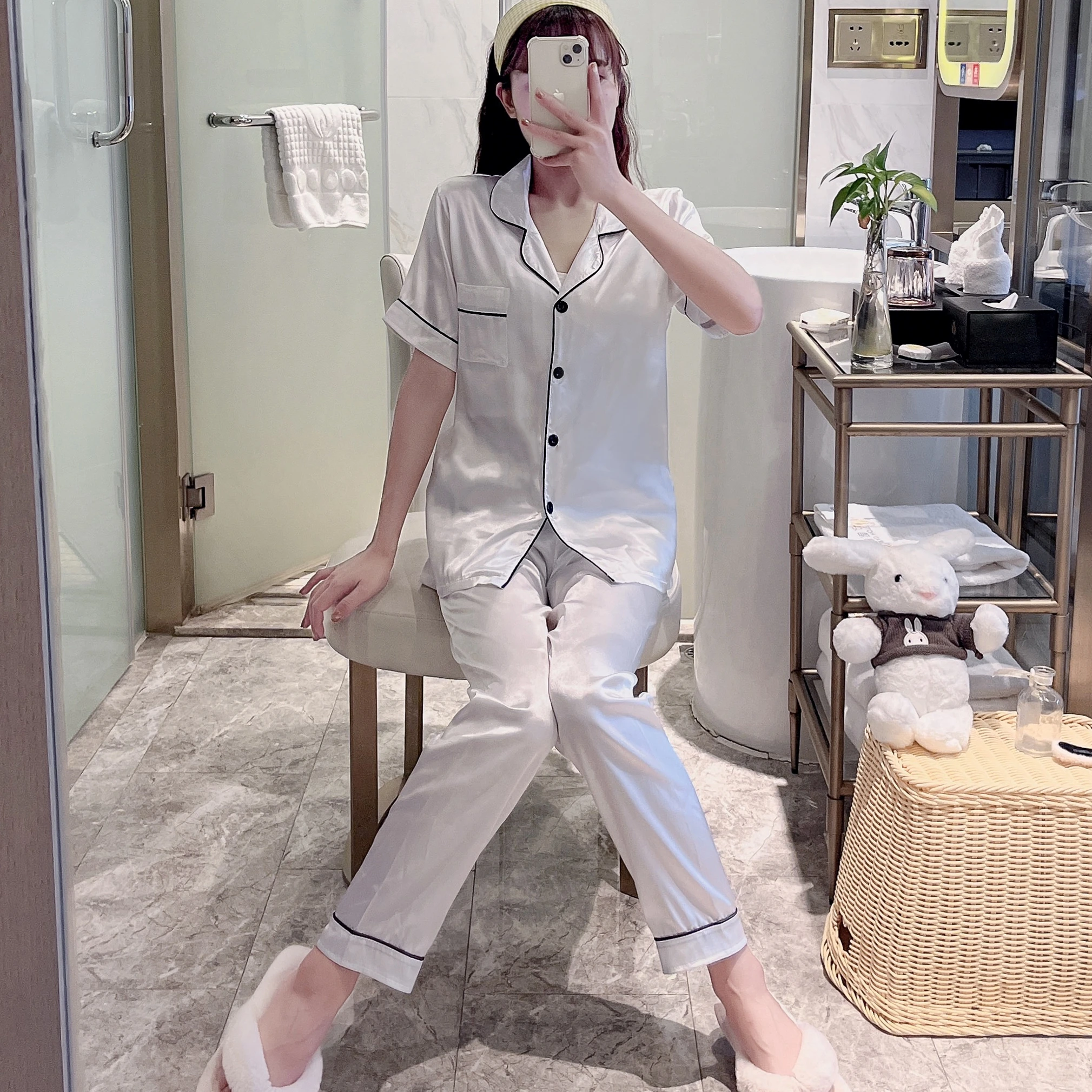 Summer long sleeve trousers solid color silk-like women's pajamas casual loose and comfortable girls home clothing two-piece sui