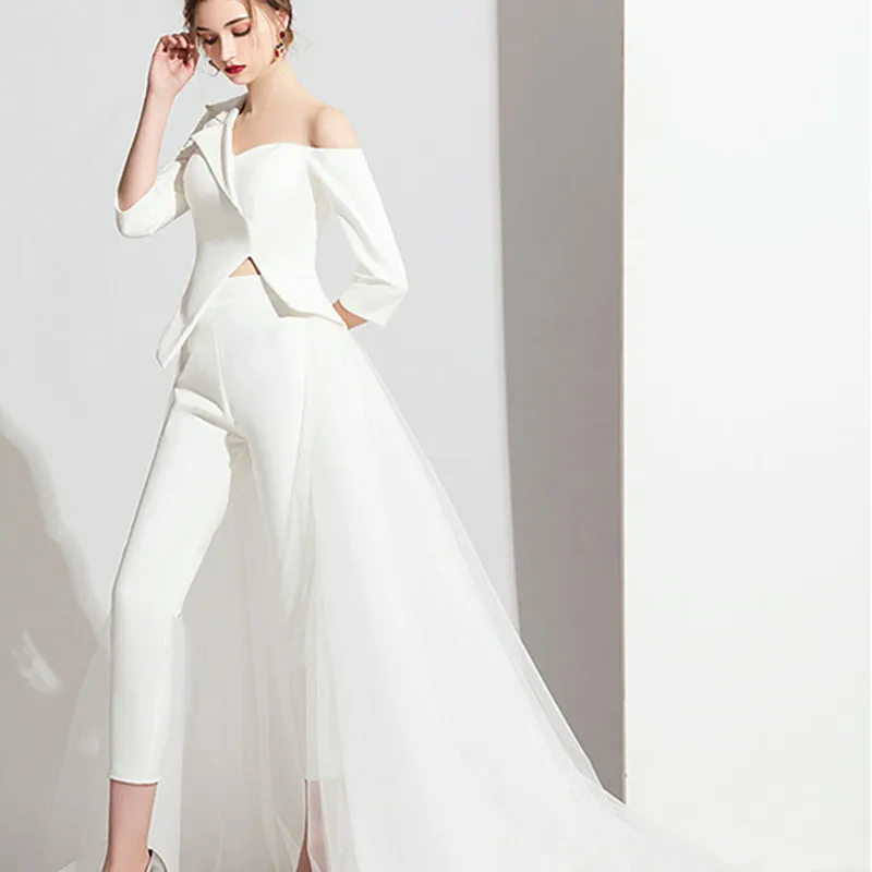 

Simple Wedding Dresses 2022 V-Neck Bridal Gown With Pants Sexy Illusion Tulle