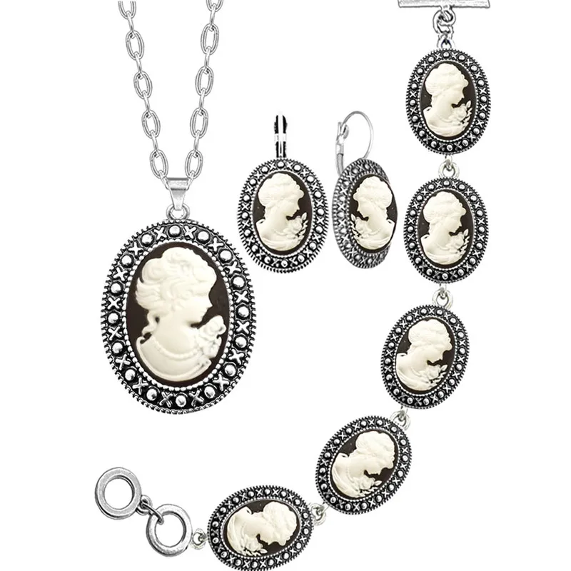 Oval Lady Queen Cameo Jewelry Set Antique Silver Plated Necklace Earrings Bracelet Fashion Jewelry