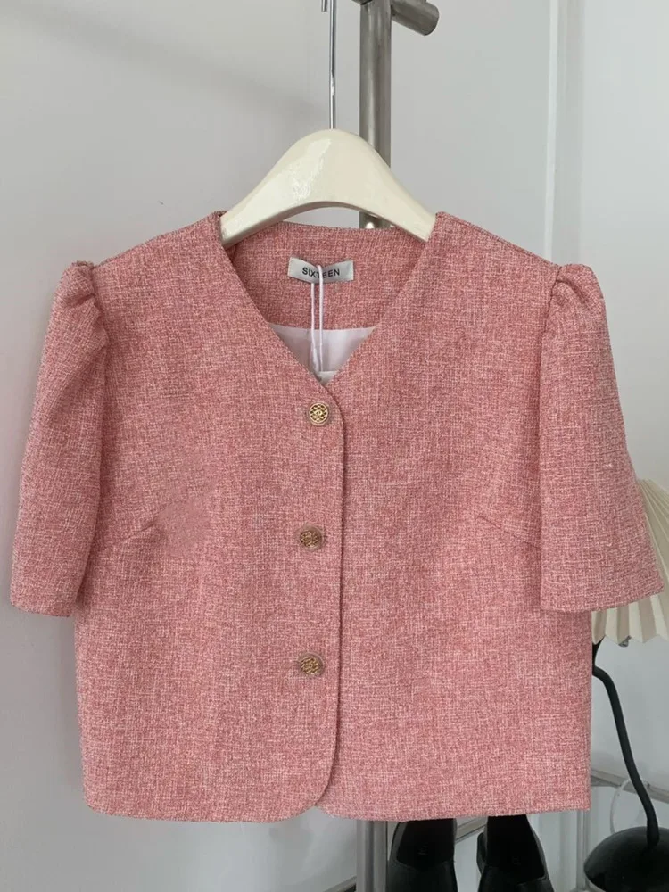 

Fashion Thin Tweed V-neck Short-sleeved Coat Women's 2022 Korean Version Of The New Design Sense Of Thin Short Jacket Cardigan