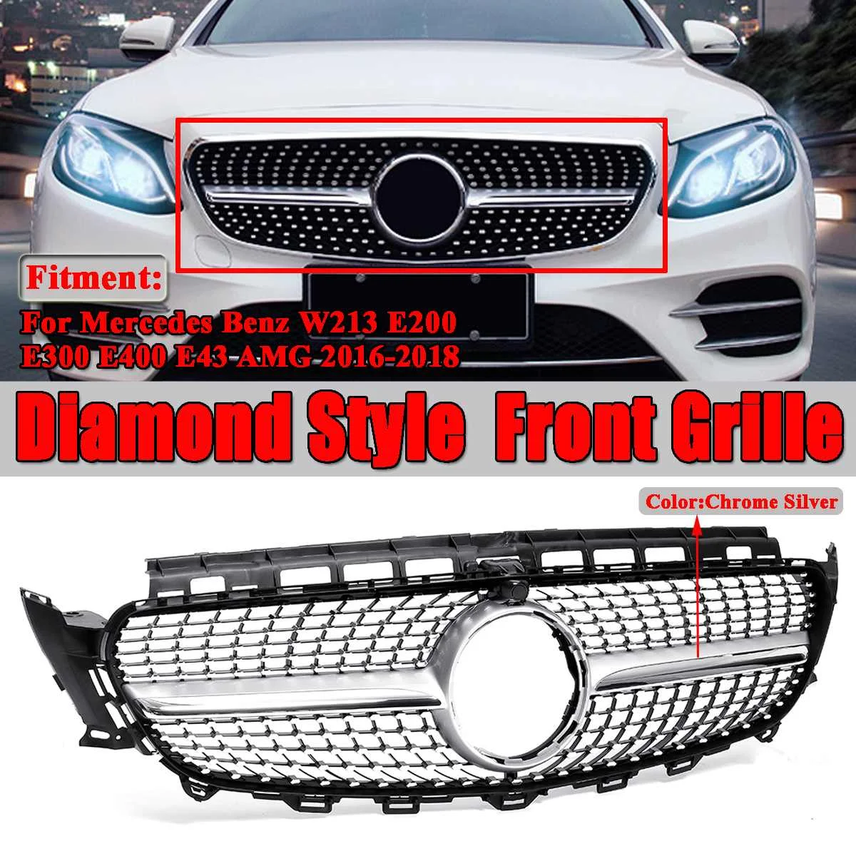 

New W213 GT Grill Car Front Bumper Diamond Grill Grills For Mercedes For Benz W213 E200 E300 E400 E43 For AMG 2016-2018