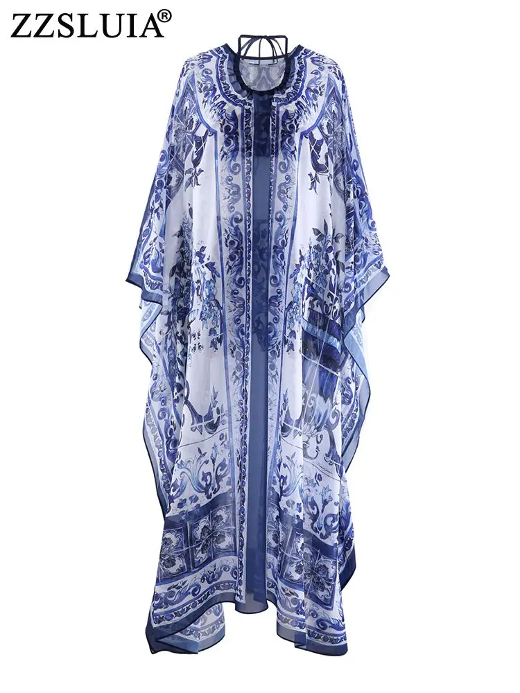 

ZZSLUIA Vintage 3 Pieces Sets For Women Blue And White Porcelain Printed Designer Vest+Shorts+Long Cloak Fashion Outfit Female