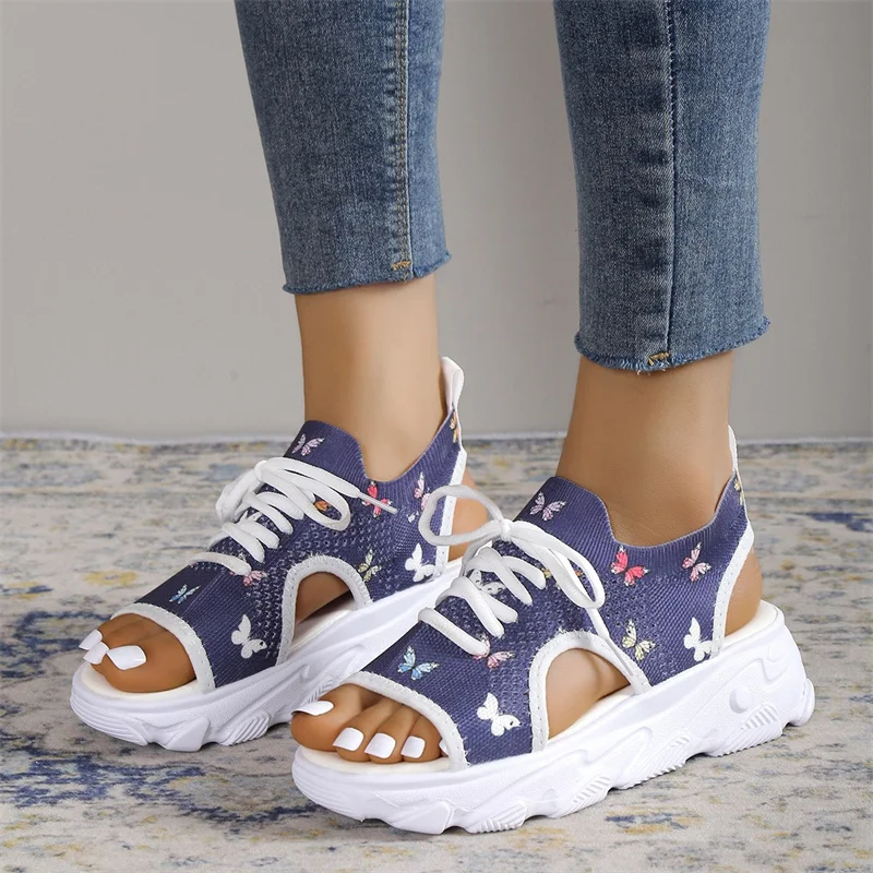 2023 New Summer Women Sandals Mesh Casual Shoes White Thick-Soled Lace-Up Sandalias Open Toe Beach Shoes for Women