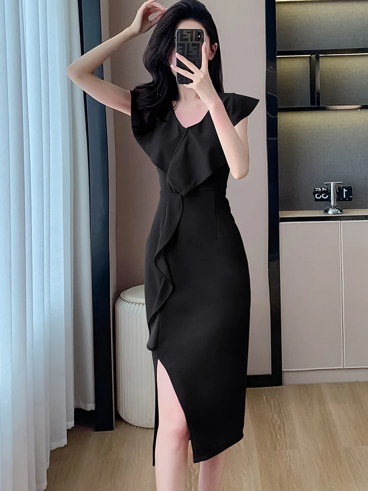 Женское однотонное элегантное платье с оборками и V-образным вырезом