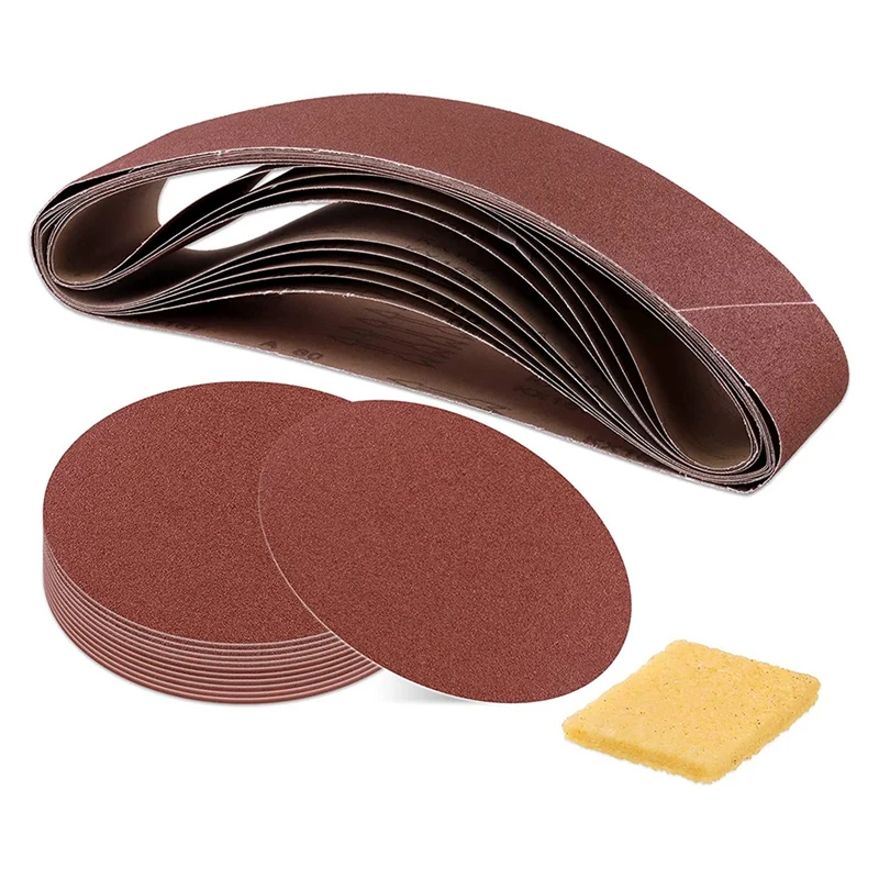 

23Pcs Sanding Belts And Sanding Discs Set Including 4 X 36 Inch And Grits Self Adhesive No-Hole Sticky Sanding Discs