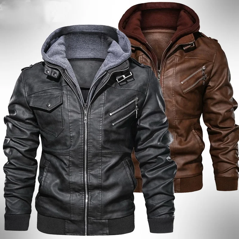 

Куртка мужская мотоциклетная кожаная со съемной шапкой, повседневная верхняя одежда, пальто, уличная одежда, ветровка, байкерская куртка из искусственной кожи с капюшоном, европейские размеры