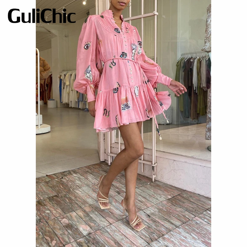 

8,2 GuliChic Женская винтажная мода, воротник-стойка, рукав-фонарик, рисунок