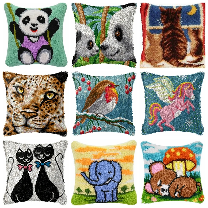 

Panda Cat Latch Hook Pillow Embroidery Set Kit Cartoon Latch Hook Cross Stitch Kit Animal Latch Hook Canvas For Plastic Bag