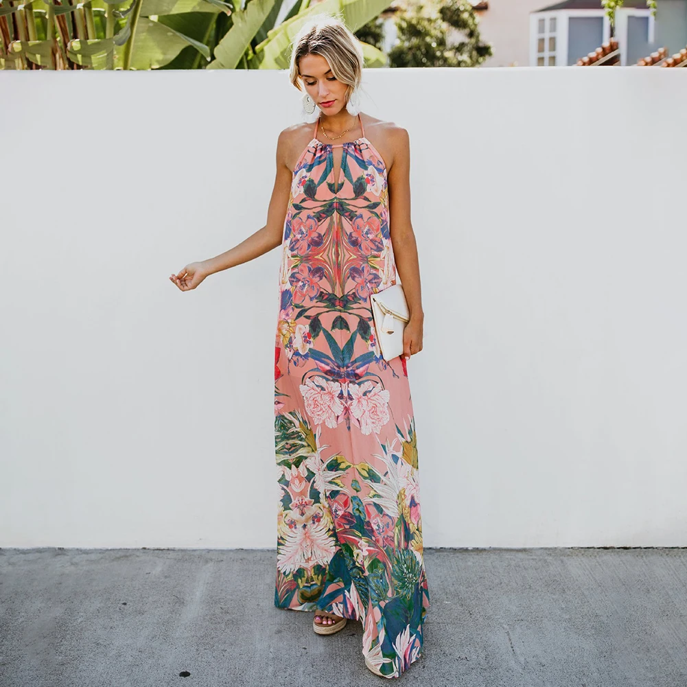 

Women Daily Sleeveless Dresses Fashion Floral Printing Splicing Backless Long Dress Lace-up Halter Sexy Street Beachwear