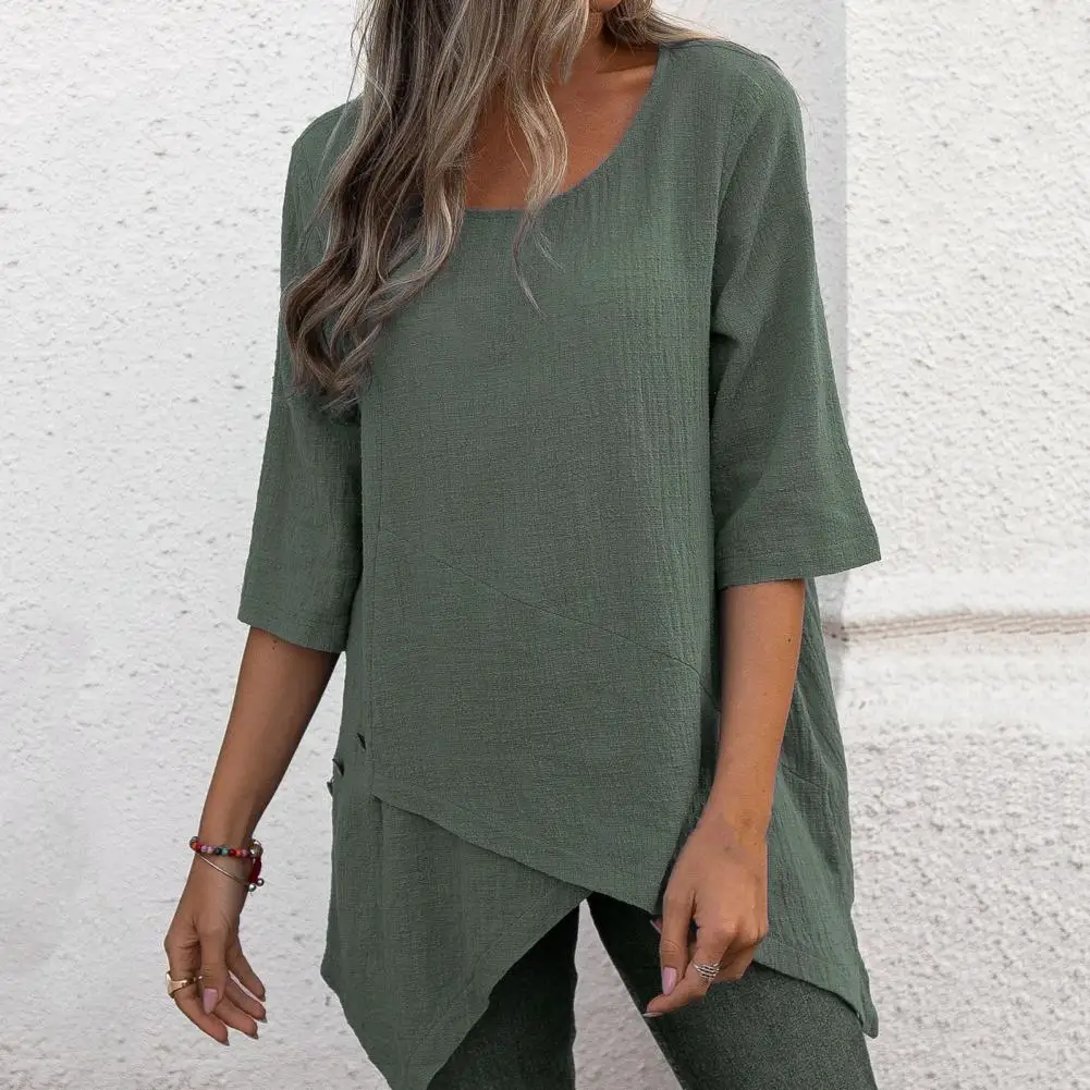 Classic Basic Top Crew Neck Buttons Decor Anti-Pilling Women Casual Solid Loose Pullover Shirt