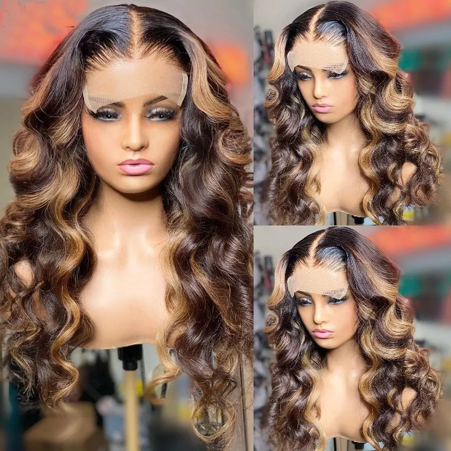 

Brazilian Highlight Body Wave Brown Human Hair Wigs Pre Plucked 360 Lace Frontal Wigs for Women with Baby Hair Natural Hairline