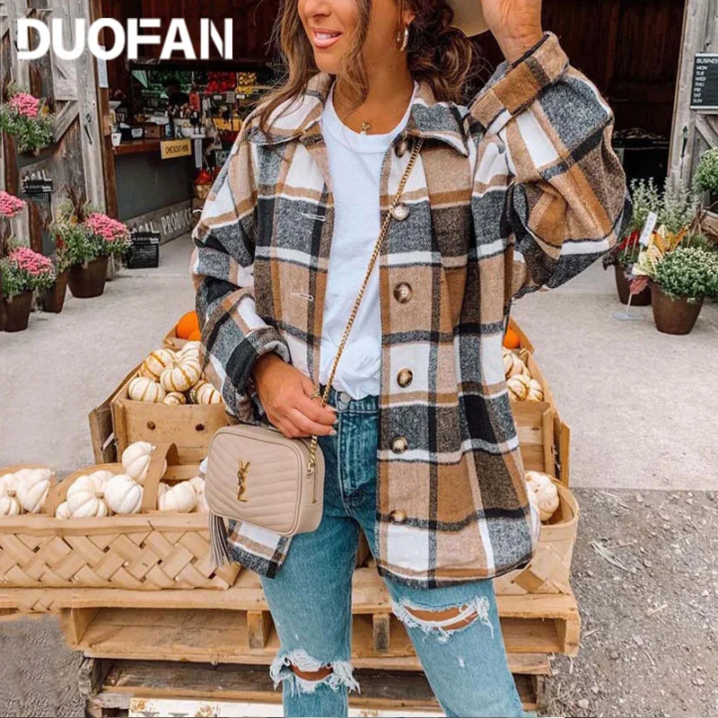 

DUOFAN Autumn Plaid Jacket Women Overshirt Long Checkered Jackets Female Long Sleeve Winter Shirt Jackets Coats
