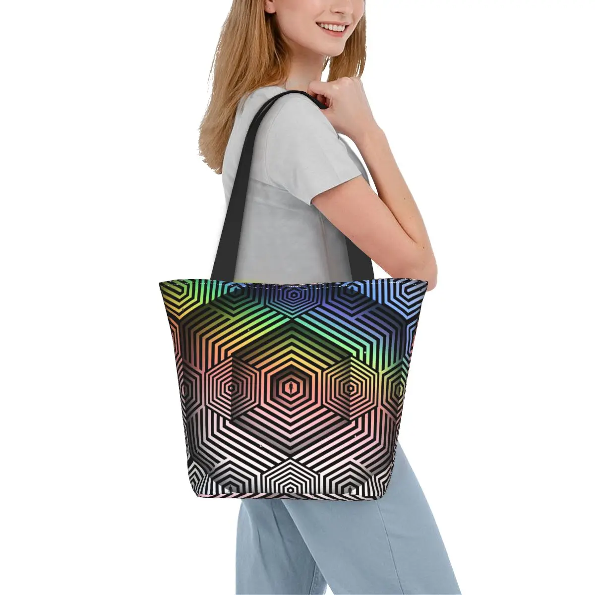 

Ombre Geometry Shopper Bag Optical Art Shopping Bags Student Streetwear Cloth Tote Bag Aesthetic Designer Handbags