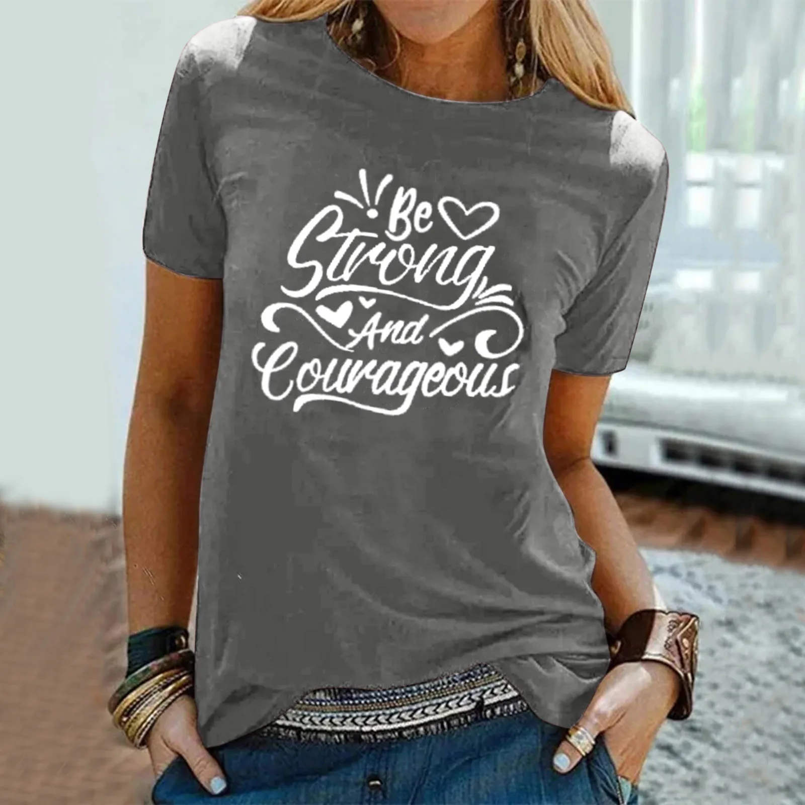 

Loose Tops Short Blouse Casual Letter Women Sleeves Printing O-Neck T-Shirt Women's Blouse