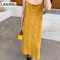 2022 spring new design solid color waist slim pleated sleeveless suspender dress women sexy dress polyester vintage