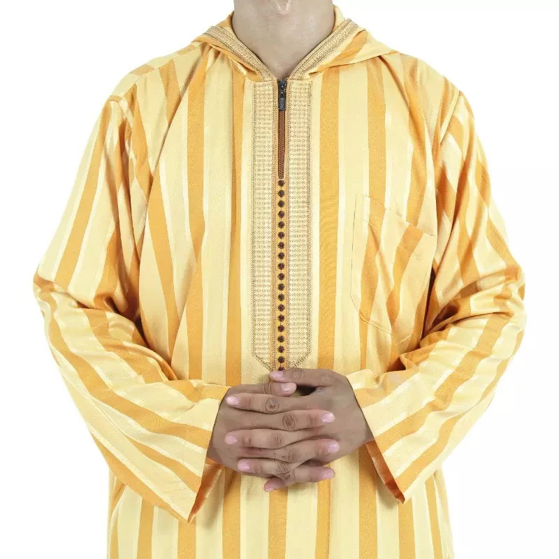 2022 New Muslim Men'S Long-Sleeved Cotton And Linen Striped Hooded Breathable Loose Dubai Saudi Arabia Robe Clothing Ropa Arabe