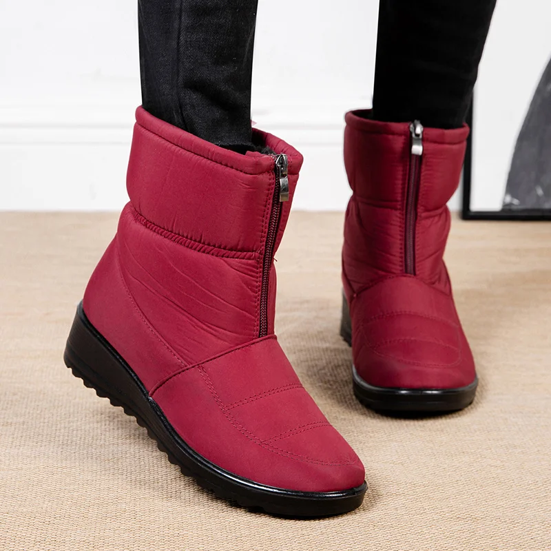 

Зимние теплые ботинки для женщин 2022, водонепроницаемые плюшевые ботильоны, однотонная обувь на танкетке с передней молнией, без застежки, Botas De Mujer