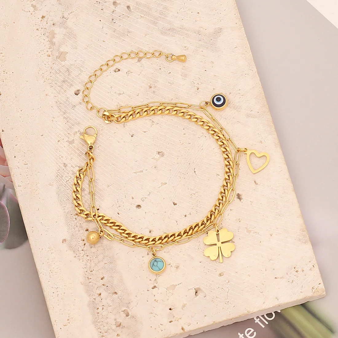 

Classic Turquoise Pentagram Star Eye Chain Bracelets for Women Punk Gold Plated Stainless Steel Cuban Fashion Jewelry Gift