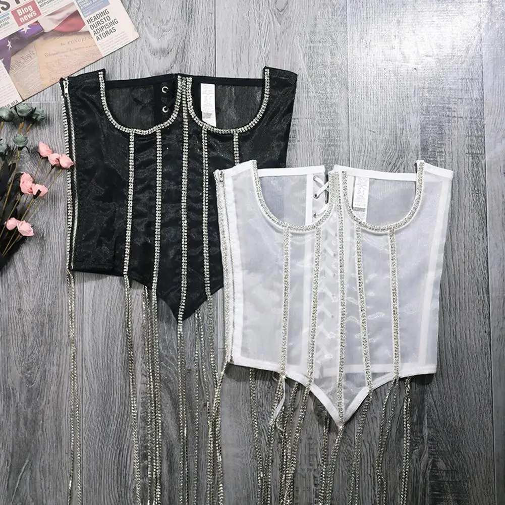 

Women Fashion Trend Waist Seal Transparent Lace Waist Sexy Shiny Corset Body Seal Vest Tassel Slim K7l0