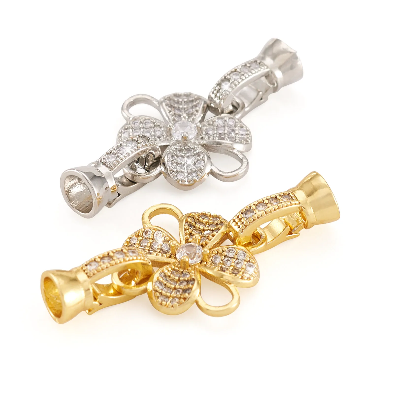 

2Pcs Brass Micro Pave Cubic Zirconia Flower Fold Over Clasp Colored Necklace Bracelet End Connector DIY Jewelry Making Supplies