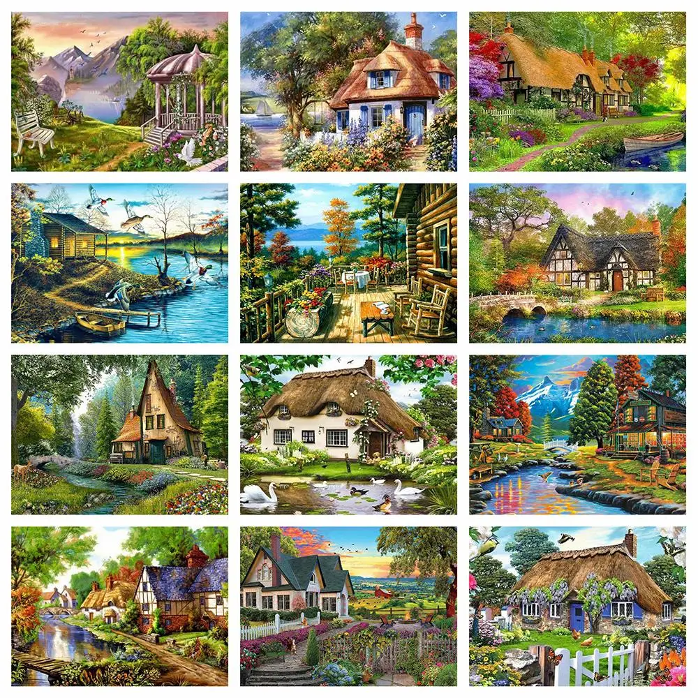Landscape Series Cross Stitch 14CT metallic aida Ecological Cotton Thread   Embroidery Home Decoration Green garden house