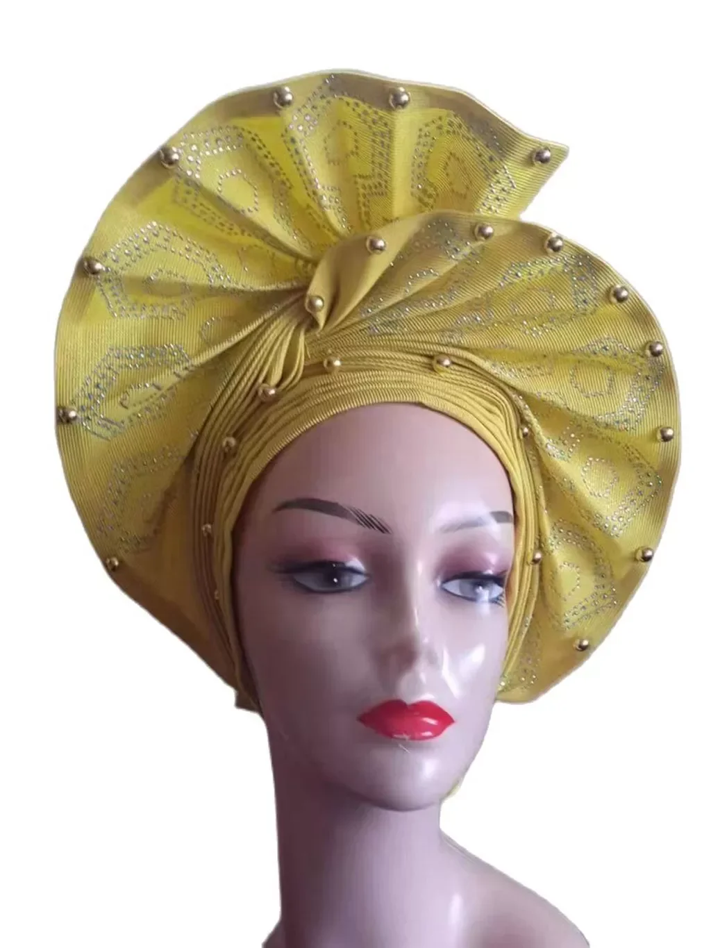 

NEW 2022 Auto Gele Already Made Headtie Bonnet Nigerian Aso Oke Beads Stones Turban Femme Wrap African Headtie For Lady Party