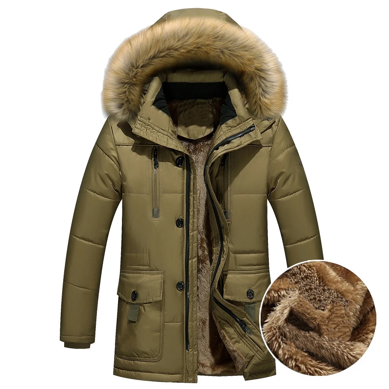 Thick Warm Parka Men Fleece Fur Hood Men Winter Jacket Coat Military Cargo Medium-long Mens Overcoat