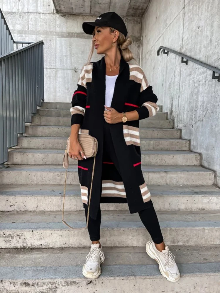 Plus Size 2022 Autumn And Winter Coat Long Cardigan Casual Striped Knitted Sweater Jackets For Women Coats Female Clothing