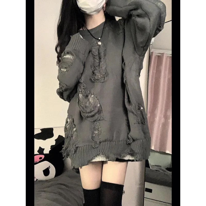 

Double Sided False Two Piece Sweater for Women In Autumn and Winter, New Advanced Sense, Vintage, Worn-out, Hollow Knit Coat Top