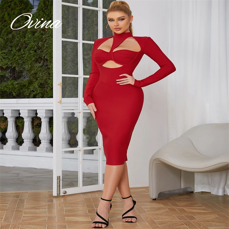

Autumn 2022 Trendy Women's Red Long Sleeve Sexy Chic Hollow Bandage Tight Knee Length Skirt High-End Daily Party Dress