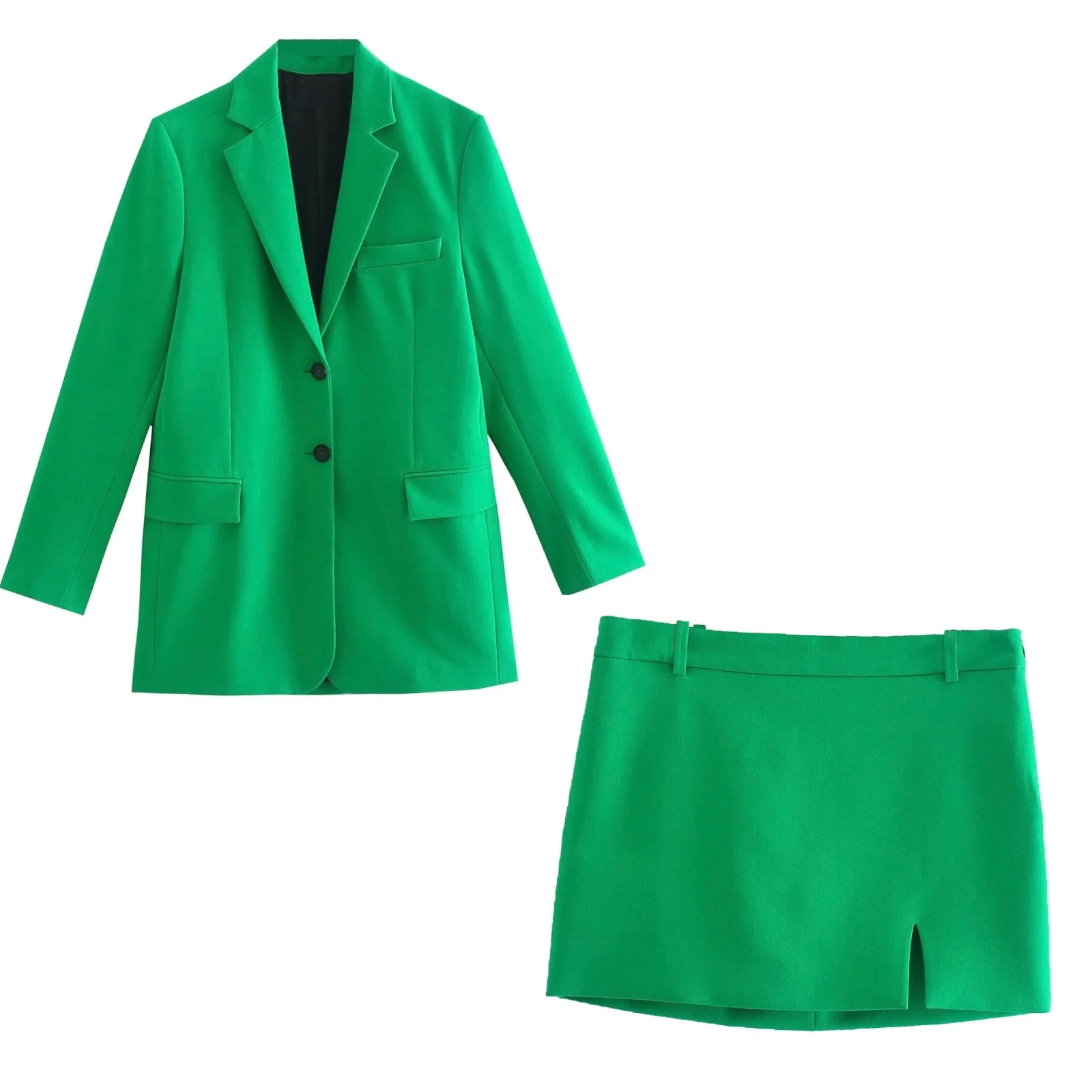 

Set Women 2 Pieces 2023 New Fashion Pocket Decoration Straight Tube Blazer Coat Vintage Split Miniskirt Female Outerwear Chic