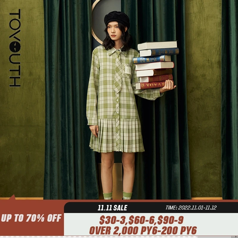 

Toyouth Women Dress 2021 Autumn Turndowm Collar A Line Pleated skirt Plaid Checked Badge Label Vintage Preppy Style Dresses