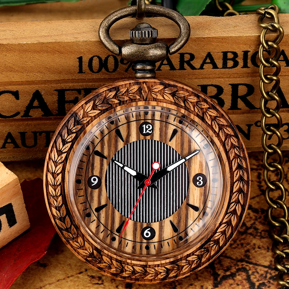 Zebra Wood Pocket Watch Necklace Luxury Gifts for Men Women Analog Fob Chain Quartz Watch Vintage Pendant Reloj De Bolsillo