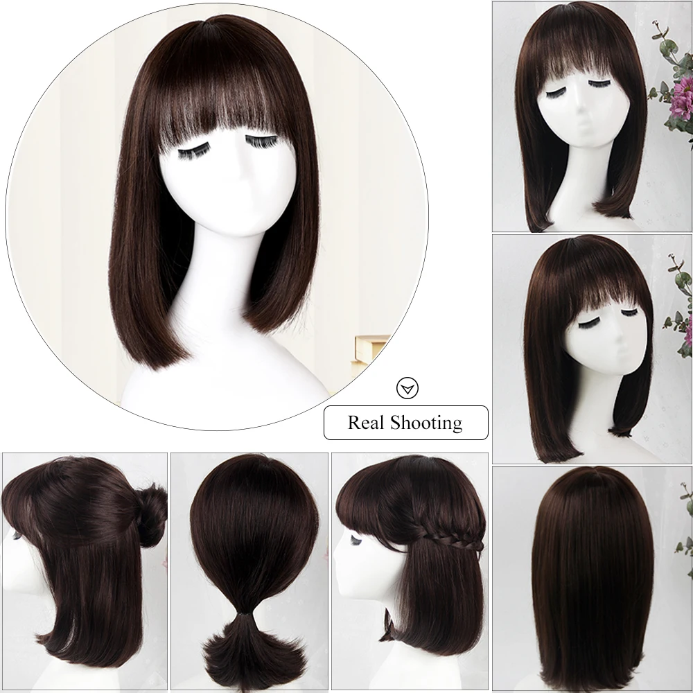 HAIRCUBE Chestnut Brown Bob Human Hair Wig with Bang Shoulder Length Full Machine Made Remy Straight Human Hair Wigs for Women