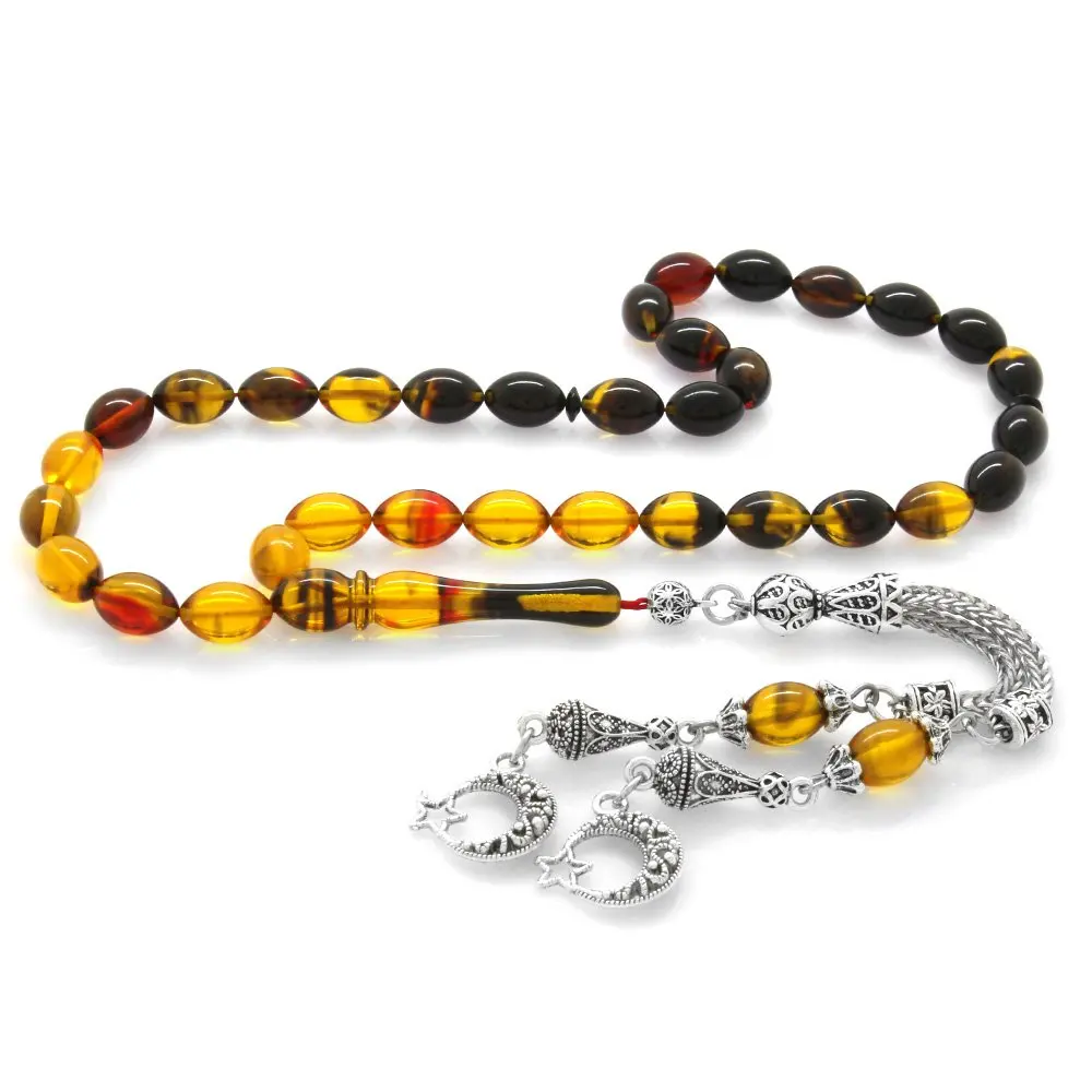 

Nipora Tarnish Metal Crescent and Star Tasseled Barley Cut Strained Bala Black Fire Amber Rosary