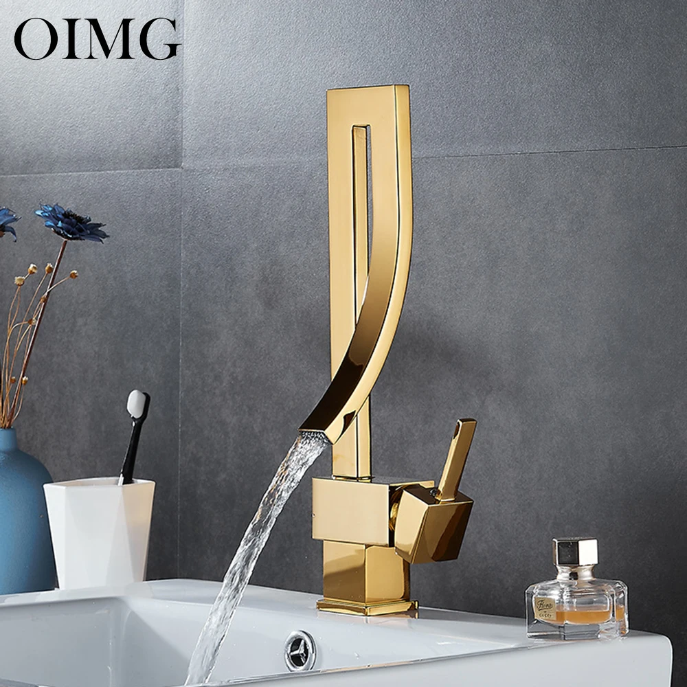 

OIMG Gold Basin Faucet Bathroom Brass Deck Mounted Waterfall Mixer Taps Single Handle Hot Cold Water Mixer Tap