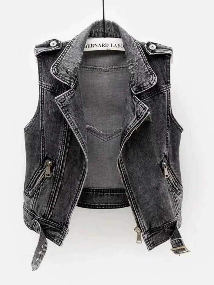 

Holifeni Gray Jean Cowboy Waistcoat Hole Denim Women Vest Female Spring Autumn Sleeveless Tops Short Jacket Girls Ripped 5XL Ves