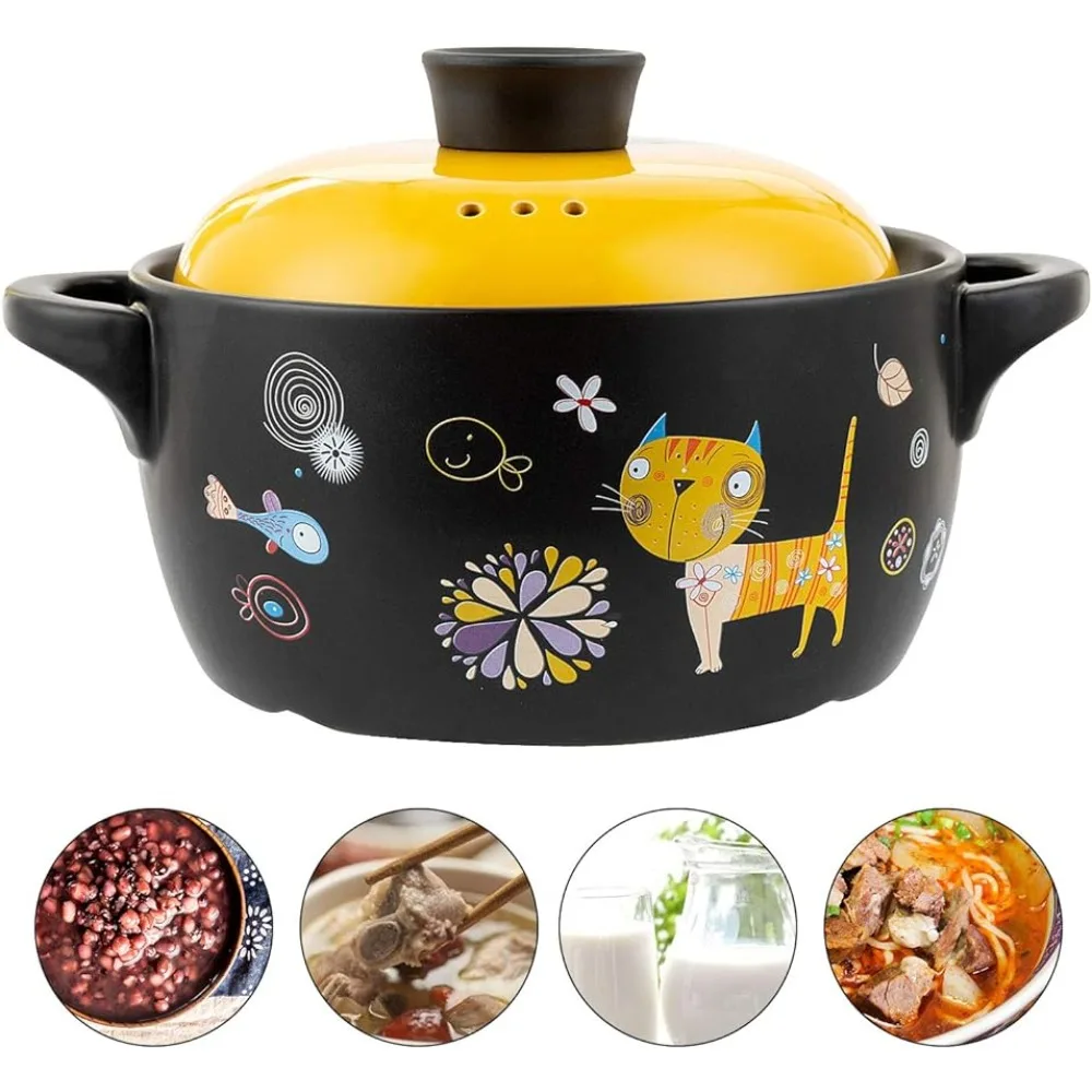 

Cartoon Pattern Stew Pot Hot Pot Clay Pots Soup Pot Casserole Cooking Pot 2.6 Quart Yellow Cat cookware cooking pot