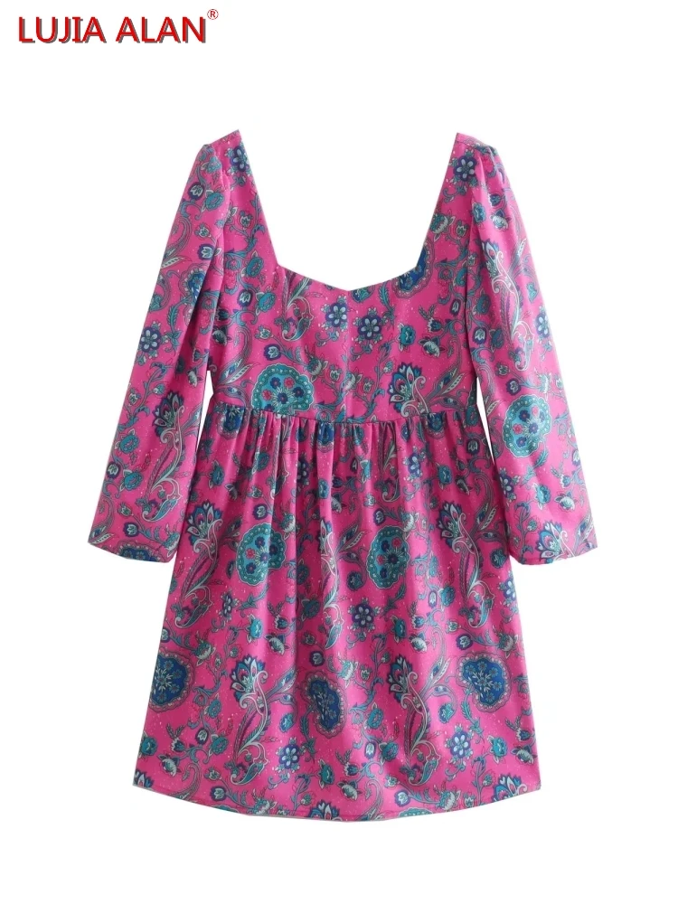 

Women Vintage Print Square Collar Backless Lace Up Dress Summer Female Nine Quarter Sleeve Mini Vestidos LUJIA ALAN WD063