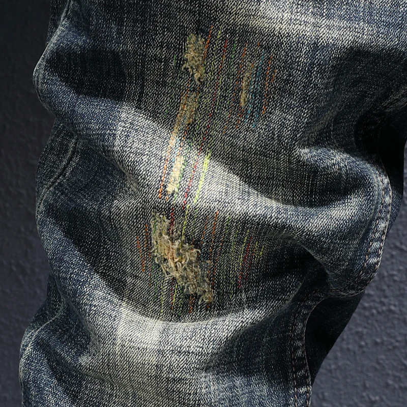 Italian Style Fashion Men Jeans Retro Black Blue Stretch Slim Ripped Jeans Men Embroidery Designer Vintage Denim Pants Hombre