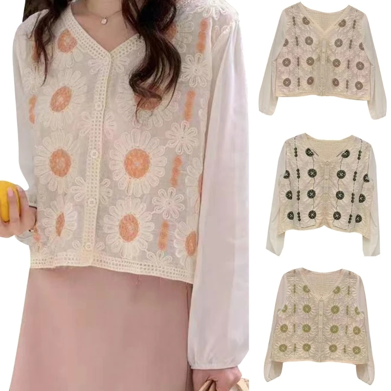

Women Sweet Lace Patchwork Crochet Crop Top Embroidery Long Sleeve Cardigan Top 10CD
