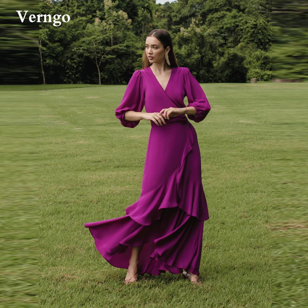 

Verngo Dark Purple Chiffon Long Prom Dresses Puff Long Sleeves V Neck Floor Length Vintage Evening Gowns Women Formal Dress