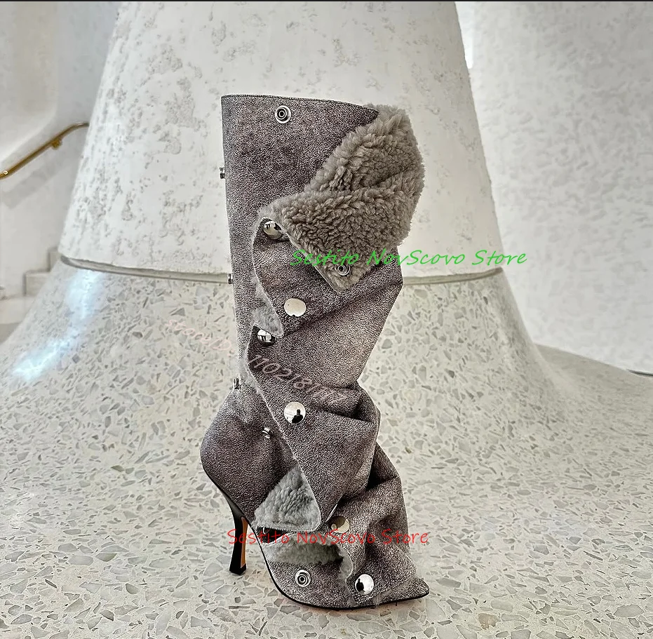 Женские зимние складные сапоги из овечьей шерсти с острым носком цвет в