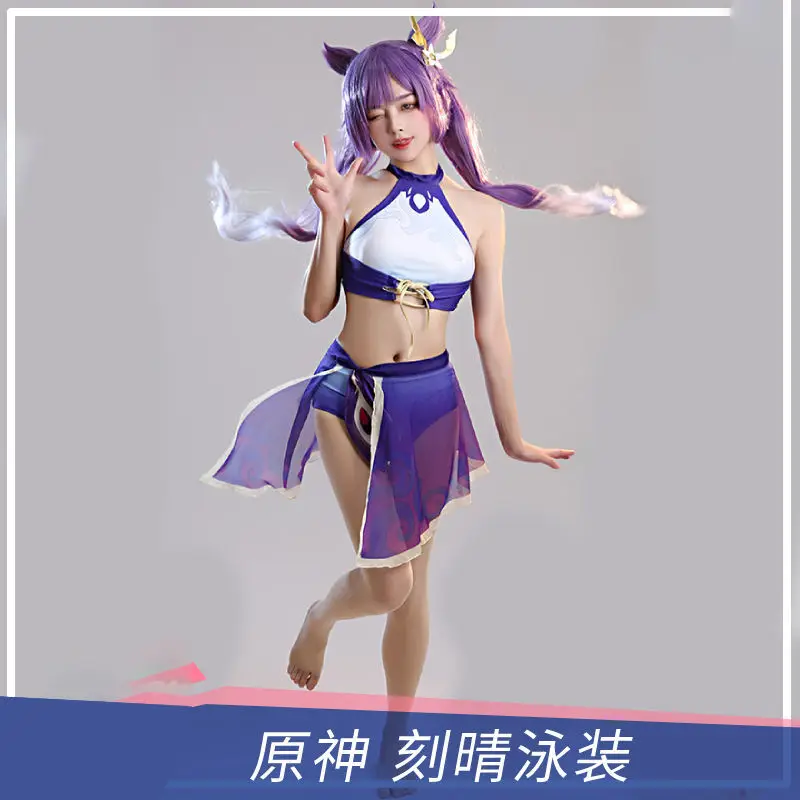 

Модный ударопрочный комплект бикини Genshin, купальник для косплея Keqing с заниженной талией, Женский пикантный купальник из трех предметов на ш...