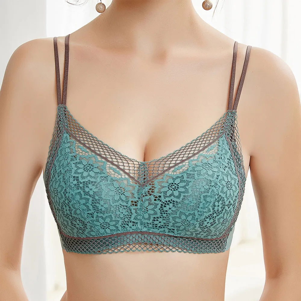 

Womens Lace Bras Double Shoulder Strap Wireless Sexy Lingerie High-end Refined Brassiere Tops A B C Cup