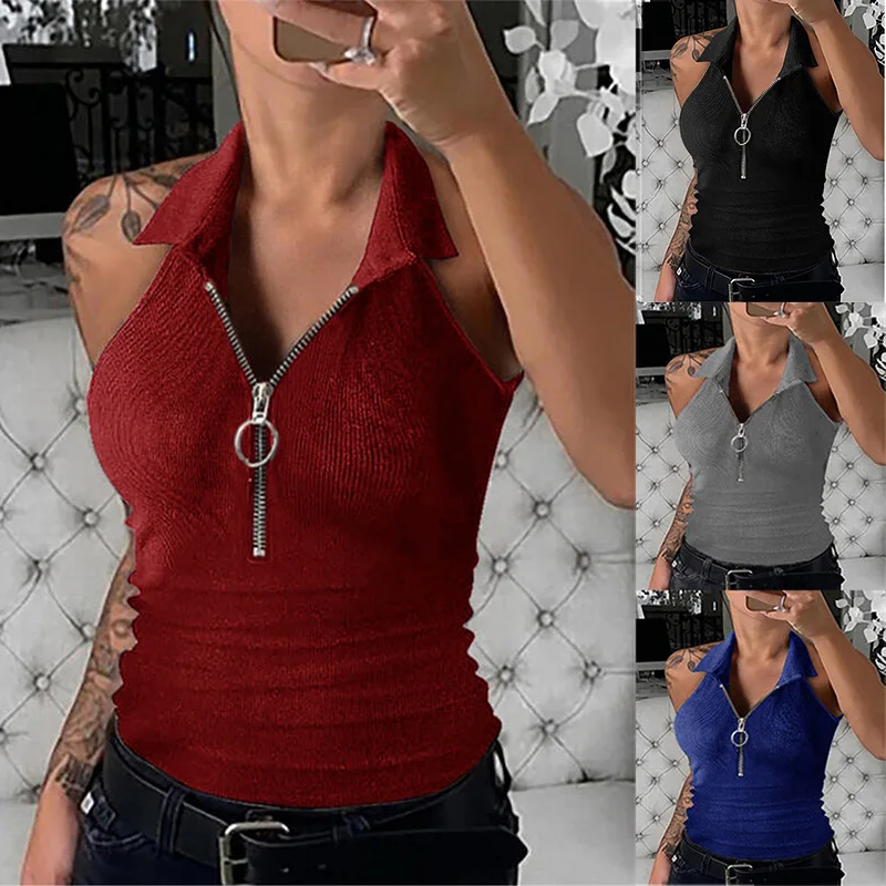 

2022 European and American products spring and summer solid color pit strip lapel zipper vest women fashion casual T-shirt women