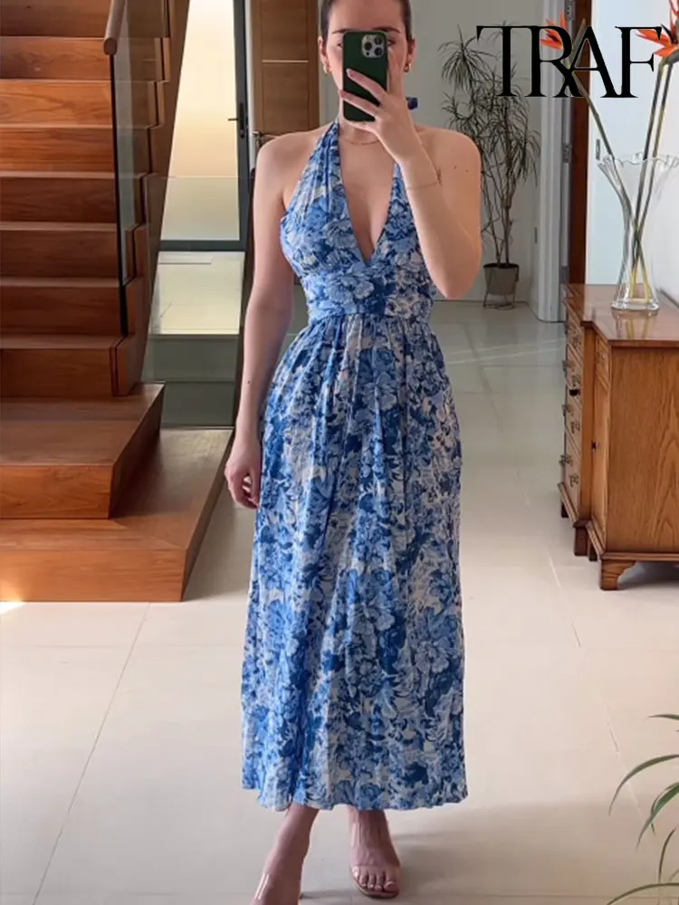 

TRAF 2023 Summer Woman Flower Printed Long Dress Fashion Halterneck Sleeveless Backless Causal Elegant Slim Dresses