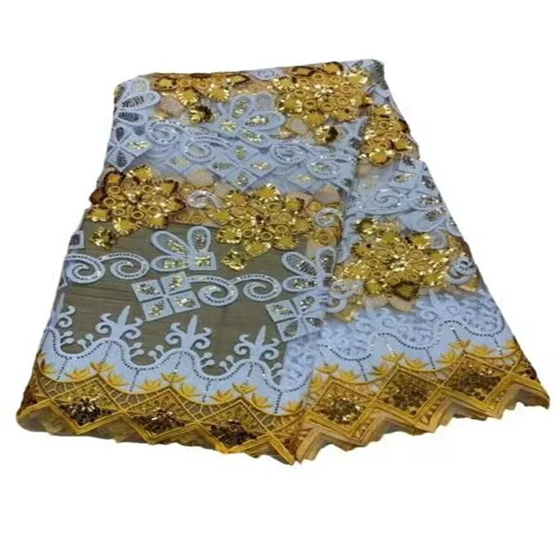 

Желтая африканская кружевная ткань с блестками, Высококачественная французская Тюлевая кружевная ткань, нигерийский кружевной Материал 5 ярдов для свадебного платья